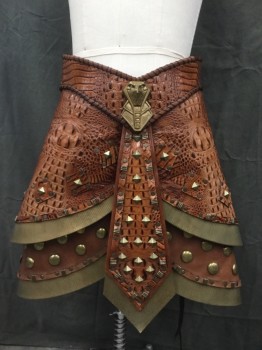Mens, Historical Fiction Skirt, MTO, Brown, Dk Brown, Gold, Polyurethane, Solid, Animal Print, W 36, Faux Brown Crocodile, Tiered Rounded Hem, Curved Waistband with Black Blanket Stitch, Plastic Eagle Medallion Center Front, Square Panel Patches with Round and Pyramid Studs, Center Front Flap with Pyramid Studs and Other Metal Detail, Gold Plastic Hem Detail with Embedded Lines, Second Layer Solid Leather with Rounded Bronze Studs, Wang Tie/Lacing Center Back, Cotton Interior Waist Strap with Velcro, Fantasy Historical