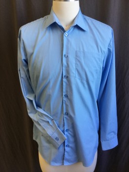 GEORGE, Baby Blue, Cotton, Polyester, Solid, (2) Collar Attached, Button Front, 1 Pocket, Long Sleeves, Curved Hem