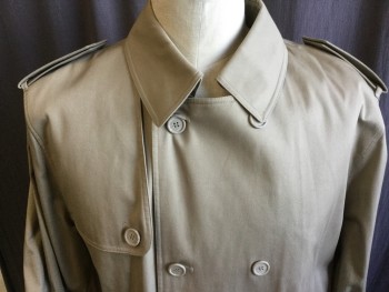 MILLENNIUM COLLECTN, Khaki Brown, Lt Yellow, Cotton, Polyester, Solid, Long Coat, Collar Attached, 1 Flap Over Right Shoulder, Epaulettes, 1 Flap Shoulder Back & 1 Split Center Back Hem, Double Breasted, Button Front, DETACHABLE Shinny Pale Yellow Vertical Quilt Lining, 2 Pockets, Self DETACHABLE Belt with Self Rectangle Buckle,  Long Sleeves with Self Belt & Self Matching Rectangle Buckle,