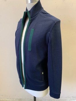INC, Navy Blue, Forest Green, Poly/Cotton, Solid, Knit Jacket, Horizontal Rib Knit, Open at Front with No Closures, Forest Green Trim at Front Opening, Long Sleeves, 2 Pockets, Stand Collar