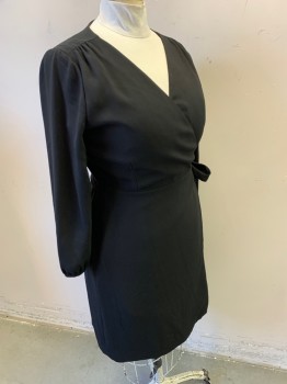 J CREW, Black, Polyester, Solid, Long Sleeves, Wrap Dress