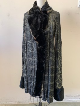 Womens, Cape 1890s-1910s, N/L , Black, Gold, Dk Brown, Silk, Fur, Medallion Pattern, O/S, Brocade with Dark Brown/Black Fur Shawl Lapel and Trim, Sleeve-like Panel Over Shoulders and Arm Hole, Ecru Satin Lining,