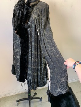 Womens, Cape 1890s-1910s, N/L , Black, Gold, Dk Brown, Silk, Fur, Medallion Pattern, O/S, Brocade with Dark Brown/Black Fur Shawl Lapel and Trim, Sleeve-like Panel Over Shoulders and Arm Hole, Ecru Satin Lining,