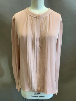 ELIE TAHARI, Dusty Rose Pink, Silk, Solid, Chiffon, L/S, Button Front, Round Neck, Sheer Chiffon Vertical Pleats at CF with Raw Frayed Edges