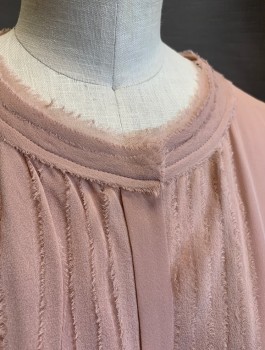 ELIE TAHARI, Dusty Rose Pink, Silk, Solid, Chiffon, L/S, Button Front, Round Neck, Sheer Chiffon Vertical Pleats at CF with Raw Frayed Edges