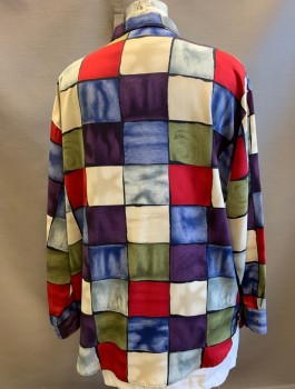 Womens, Blouse, LE CAVIAR, Multi-color, Sage Green, Red, Aubergine Purple, Cream, Polyester, Geometric, 3XL, Squares of Alternating Colors Pattern, Long Sleeves, Button Front, Collar Attached, Fabric Covered Buttons, Padded Shoulders,