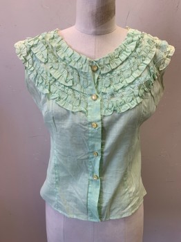 Womens, Blouse, PRINCE CHARMERS, Lt Green, Cotton, Solid, B36, Button Front, Round Neck, Sleeveless, Button Front, Round Yoke Trimmed with Rows of Ruffles and Lace