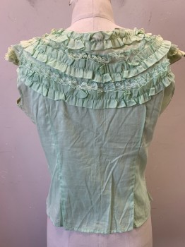 Womens, Blouse, PRINCE CHARMERS, Lt Green, Cotton, Solid, B36, Button Front, Round Neck, Sleeveless, Button Front, Round Yoke Trimmed with Rows of Ruffles and Lace