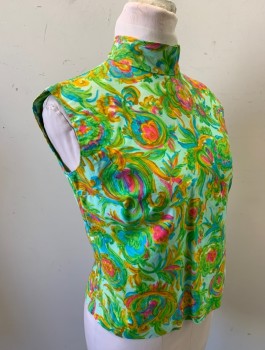 BLOUSE DE JOUR, Multi-color, Lt Blue, Hot Pink, Lime Green, Goldenrod Yellow, Cotton, Swirl , Floral, Watercolor/Painterly Print, Sleeveless, Mock Neck, Fabric Buttons Down Center Back