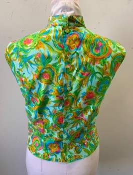 BLOUSE DE JOUR, Multi-color, Lt Blue, Hot Pink, Lime Green, Goldenrod Yellow, Cotton, Swirl , Floral, Watercolor/Painterly Print, Sleeveless, Mock Neck, Fabric Buttons Down Center Back
