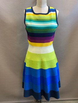 Womens, Dress, Sleeveless, KAREN MILLEN, Multi-color, Viscose, Polyamide, Stripes - Horizontal , Sz.4, Knit, Square Neck, Fit and Flare with A-Line Bottom, Knee Length