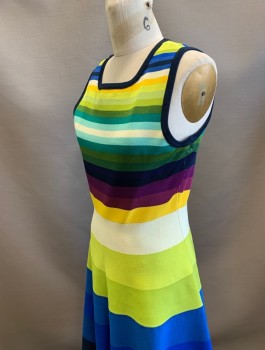 KAREN MILLEN, Multi-color, Viscose, Polyamide, Stripes - Horizontal , Knit, Square Neck, Fit and Flare with A-Line Bottom, Knee Length