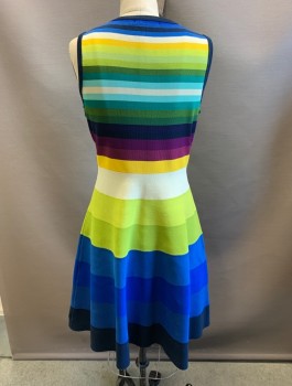 KAREN MILLEN, Multi-color, Viscose, Polyamide, Stripes - Horizontal , Knit, Square Neck, Fit and Flare with A-Line Bottom, Knee Length