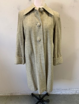 Womens, Coat, CHANG WING TAI, Ecru, Gray, Wool, Herringbone, B:38, Heavy Wool, Single Breasted, 3 Self Fabric Buttons, Collar Attached, Padded Shoulders, 2 Welt Pockets, Folded Cuffs, Light Gray Silk Lining,
