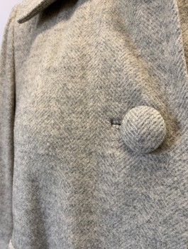 Womens, Coat, CHANG WING TAI, Ecru, Gray, Wool, Herringbone, B:38, Heavy Wool, Single Breasted, 3 Self Fabric Buttons, Collar Attached, Padded Shoulders, 2 Welt Pockets, Folded Cuffs, Light Gray Silk Lining,