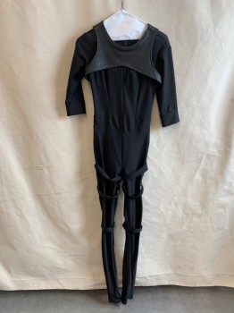 Womens, Sci-Fi/Fantasy Jumpsuit, MTO, Black, Polyester, Faux Leather, Solid, W26, B34, H36, Round Neck, 3/4 Sleeves, Black Pleather Harness Attached, Zip Back, Black See Through Mesh, 3 Black Straps on Each Leg