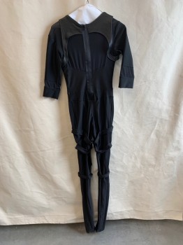 Womens, Sci-Fi/Fantasy Jumpsuit, MTO, Black, Polyester, Faux Leather, Solid, W26, B34, H36, Round Neck, 3/4 Sleeves, Black Pleather Harness Attached, Zip Back, Black See Through Mesh, 3 Black Straps on Each Leg
