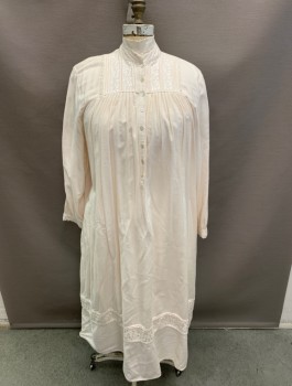 Womens, Nightgown, EILEEN WEST, Beige, Cotton, Rayon, L, Mandarin Collar, Lace Trim on Collar, Yoke, Cuffs, & Near Hem, White Floral Embroidery on Yoke, 1/2 Button Front, Flower Shape Plastic Buttons, L/S