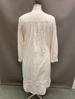 Womens, Nightgown, EILEEN WEST, Beige, Cotton, Rayon, L, Mandarin Collar, Lace Trim on Collar, Yoke, Cuffs, & Near Hem, White Floral Embroidery on Yoke, 1/2 Button Front, Flower Shape Plastic Buttons, L/S