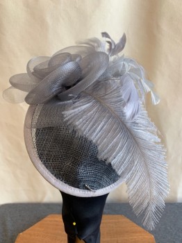 Womens, Fascinator, N/L, Gray, Plastic, Feathers, Solid, Buckram Saucer with Horsehair Rosette and Feather Sprays