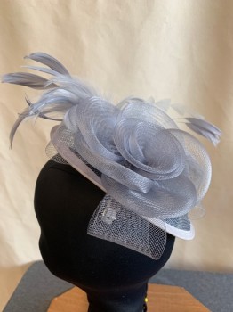 Womens, Fascinator, N/L, Gray, Plastic, Feathers, Solid, Buckram Saucer with Horsehair Rosette and Feather Sprays