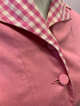 Womens, Blouse, GAY GIBSON, Bubble Gum Pink, Cream, Cotton, Solid, Gingham, W:25, B:32, S/S, Contrasting Gingham Trim at Camp Collar and Folded Sleeve Cutts, Self Fabric Buttons at Front, Fitted