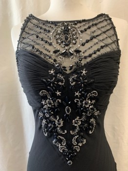 Womens, Evening Gown, SUE WONG, Black, Silk, Polyester, 2, Illusion Mesh Neckline, Horizontal Pleated Bust, Black & Silver Beading & Sequins From Neckline to Center Waist, Horizontally Across Hips & Down Left Side, Criss Cross Straps on Back, Zip Side