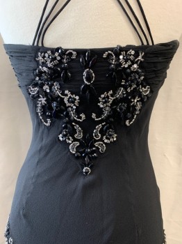 Womens, Evening Gown, SUE WONG, Black, Silk, Polyester, 2, Illusion Mesh Neckline, Horizontal Pleated Bust, Black & Silver Beading & Sequins From Neckline to Center Waist, Horizontally Across Hips & Down Left Side, Criss Cross Straps on Back, Zip Side