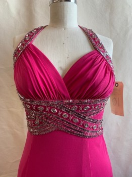 HAILEY LOGAN, Hot Pink, Synthetic, Sequins, Solid, Surplice Bust, Sleeveless, Open Back with Crossed Straps, Sequin & Buggle Bead Detailing