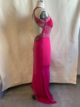 HAILEY LOGAN, Hot Pink, Synthetic, Sequins, Solid, Surplice Bust, Sleeveless, Open Back with Crossed Straps, Sequin & Buggle Bead Detailing