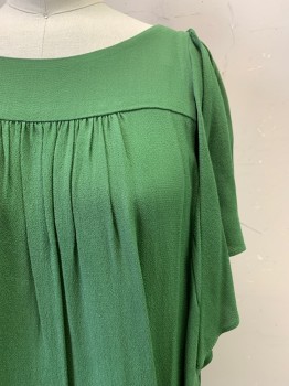 MAEVE, Dk Green, Viscose, Solid, S/S, Round Neck, Flared Sleeves, Pleated,