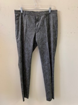 TOPMAN, Gray, Charcoal Gray, Polyester, Wool, Leaves/Vines , F.F, Side Pockets, Zip Front, Belt Loops