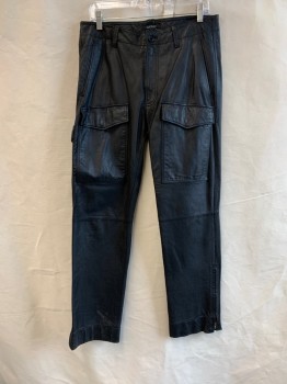Mens, Leather Pants, DKNY, Black, Leather, Solid, 31/32, Cargo Style, Flat Front, 6 Pockets, Zip Fly, Button Closure, Zippers on Cuffs