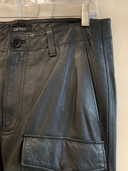 Mens, Leather Pants, DKNY, Black, Leather, Solid, 31/32, Cargo Style, Flat Front, 6 Pockets, Zip Fly, Button Closure, Zippers on Cuffs