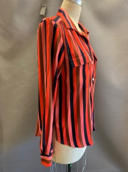 ANN TAYLOR, Red, Black, Brown, Rose Pink, Polyester, Stripes, L/S, 2 Buttons, Collar Attached, 2 Chest Pocket, Side Slits,