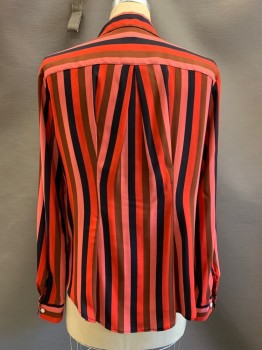 ANN TAYLOR, Red, Black, Brown, Rose Pink, Polyester, Stripes, L/S, 2 Buttons, Collar Attached, 2 Chest Pocket, Side Slits,
