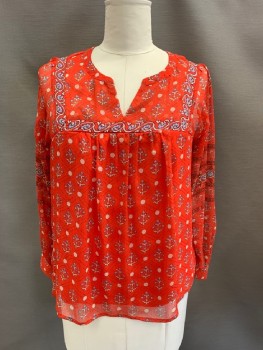 LUCKY, Red, Sky Blue, White, Beige, Polyester, Floral, Circles, Crepe, Split V-Neck, Larger Floral Trim On Front Chest/Back Yokes, Gathers At Front/Back Yokes W/Attached Solid Red Lining, Sheer L/S