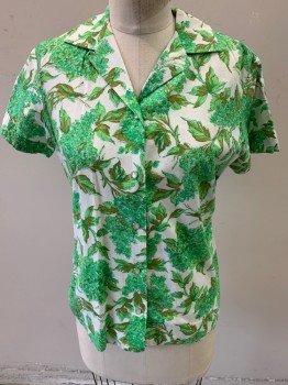 Womens, Shirt, H. BARC, Mint Green, Brown, Cotton, Leaves/Vines , B: 34", S/S, Camp Shirt, 5 Pearl Buttons, Western Yoke