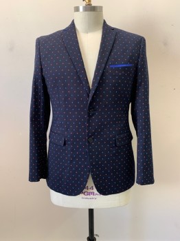 LANZINO, Midnight Blue, Red, Blue, Wool, Rectangles, Notched Lapel, Single Breasted, Button Front, 2 Buttons,  3 Pockets, Blue Elbow Patches