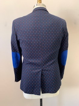LANZINO, Midnight Blue, Red, Blue, Wool, Rectangles, Notched Lapel, Single Breasted, Button Front, 2 Buttons,  3 Pockets, Blue Elbow Patches