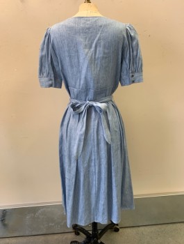 EIGHT DREAMS, Denim Blue, Polyester, Solid, Heathered, Square Neck, Button Front, Ss, Pleated, 2 Button Cuffs, Matching Belt