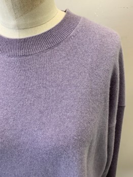 THEORY, Lavender Purple, Cashmere, Solid, Heathered, Long Sleeves, Crew Neck, Side Vents, Rib Knit Cuffs Collar and Waistband