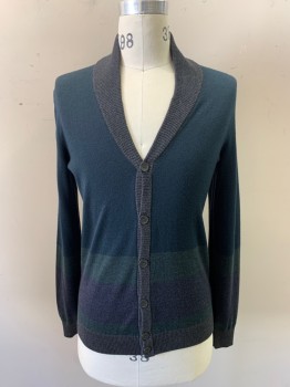 HUGO BOSS, Teal Green, Navy Blue, Gray, Wool, Color Blocking, Teal Blue with Thick Stripes At The Bottom In Purple/Green/gray. Multi Color Weave, V-neck, SB, Button Front, L/S 