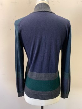 HUGO BOSS, Teal Green, Navy Blue, Gray, Wool, Color Blocking, Teal Blue with Thick Stripes At The Bottom In Purple/Green/gray. Multi Color Weave, V-neck, SB, Button Front, L/S 