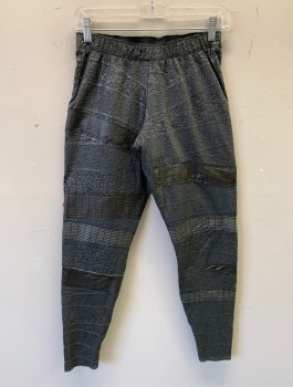 N/L MTO, Charcoal Gray, Pewter Gray, Metallic, Spandex, Poly Vinyl Cloride, Stretchy Spandex with Bumpy Mottled Texture, Strips of Gunmetal Ribbed PVC Around Legs, Elastic Waist, Skinny Leg/Legging Fit, Made To Order Futuristic