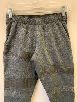 N/L MTO, Charcoal Gray, Pewter Gray, Metallic, Spandex, Poly Vinyl Cloride, Stretchy Spandex with Bumpy Mottled Texture, Strips of Gunmetal Ribbed PVC Around Legs, Elastic Waist, Skinny Leg/Legging Fit, Made To Order Futuristic