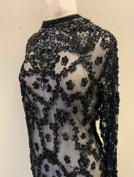 Womens, Cocktail Dress, JUDITH ANN, Black, Iridescent Black, Silk, Sequins, Floral, B:40, Sheer Black Net with Dimensional Black Passementarie Flowers with Sequins, Long Sleeves, Round Neck, Knee Length,