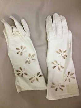 Womens, Gloves 1890s-1910s, Cream, Leather, Solid, Novelty Pattern, M, Openwork Butterflies. Left Glove Has A Rectangular Discoloration At Cuff,