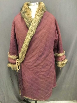 Mens, Historical Fiction Coat, MTO, Red Burgundy, Lt Brown, Mauve Pink, Cotton, Faux Fur, Solid, Stripes, C40-42, Made To Order, Mongolian Coat, Wrap, Burgundy Cotton Self Woven Stripes, Lined with Light Brown Faux Fur, Mauve Cotton Trim On Sleeves, Sci-Fi/Fantasy