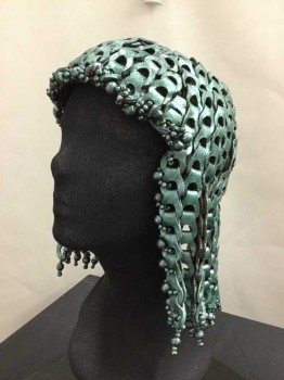 Unisex, Sci-Fi/Fantasy Headpiece, MTO, Metallic, Sea Foam Green, Leather, 23", Leather Loops Create 'Hair', Painted Pearlescent Teal. Beads at Ends and Center Front, Has Elastic Center Back,